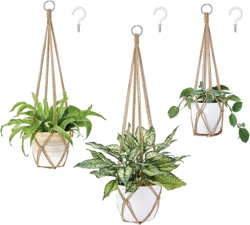 Vista 8 de Dahey Juego de 3 colgadores de macramé para plantas con ganchos, cesta colgante de interior de 35/29/23 pulgadas hecha a mano con cuerda de algodón