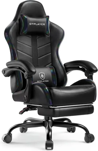 Vista 15 de GTPLAYER Silla de juegos para adultos, silla ergonómica para juegos de computadora con reposapiés, altura ajustable, reclinación de 90-155° y Azul