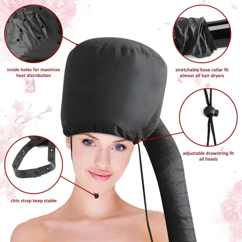 Vista 4 de Accesorio para secador de pelo con capucha: gorro de secador de pelo mejorado con correa de barbilla y manguera extendida más larga, más fácil