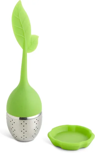 Vista 5 de HIC Kitchen Infusor de té Leaf con bandeja de goteo, té de hierbas de hojas sueltas, acero inoxidable 18/8 y silicona, juego de 2
