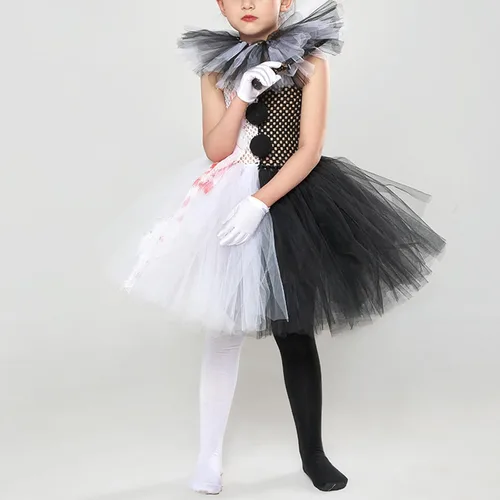 Vista 4 de Disfraz de payaso asesino espeluznante para niñas pequeñas, disfraz de Halloween, vestido de tul, cuchillo, calcetines, guantes, horquilla, disfraz