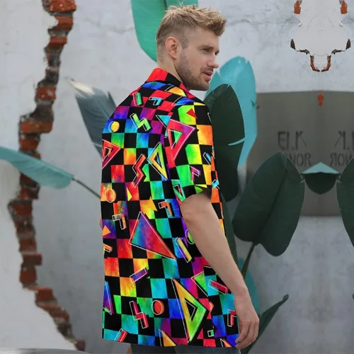 Vista 5 de QINGXUN Camisas de los años 80 para hombre, camisa con botones de los años 90, camisa retro hawaiana para playa, camisas de discoteca vintage