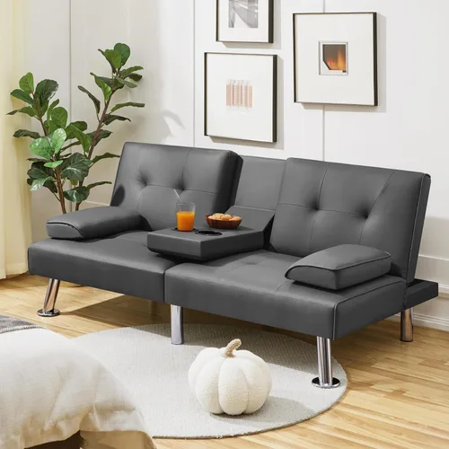 Vista 2 de Sofá cama tipo futón plegable convertible con patas de metal y 2 portavasos, moderno sofá biplaza tapizado de piel sintética, sofá biplaza cama