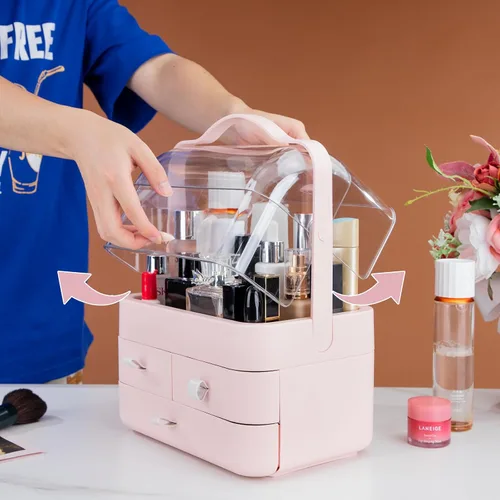 Vista 4 de Nervure Organizador de maquillaje rosa, caja de almacenamiento de cosméticos con tapa, organizador de maquillaje con cubierta libre de polvo y asa