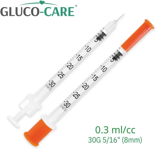 Vista 2 de GLUCO-CARE - Jeringas de 0.3 ml/cc, 30G x 5/16’’ (8mm), tapa naranja, 100/caja