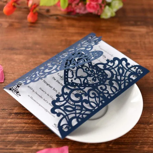 Vista 6 de FOMTOR Kit de invitaciones de boda cortadas con láser, 50 paquetes de invitaciones de boda cortadas con láser con papel imprimible en blanco y Azul