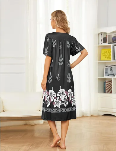 Vista 6 de Bloggerlove Camisón hawaiano para mujer, vestido de casa hawaiano Muumuu con estampado de tumbona, vestido de patio con bolsillos Moomoo