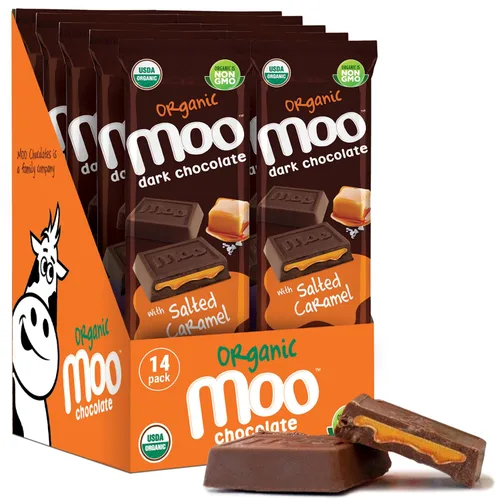 Vista 14 de Moo Chocolates ' Mini barras de chocolate negro sólido natural, 0.7 onzas (14 unidades)