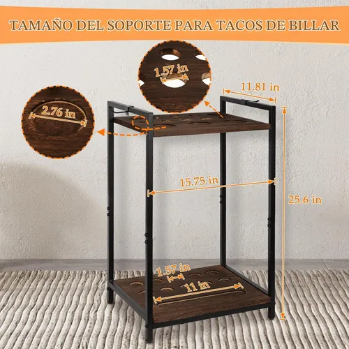 Vista 6 de Soporte para palos de billar, 10 agujeros de madera independientes para tacos de billar, color negro
