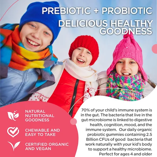 Vista 3 de RUWAA NUTRITION Gomitas probióticas orgánicas para niños para la salud digestiva, apoyo inmunológico, estreñimiento, hinchazón. 2.5 mil millones