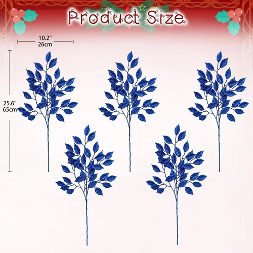 Vista 3 de Tallos de Hojas con Purpurina Azul de Navidad de 25.6", 5 Piezas de Ramas de Hojas Artificiales Altas para Árbol de Navidad DIY Corona de Navidad