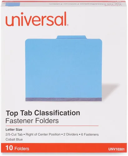 Vista 4 de Universal UNV10301 Carpetas de clasificación de cartón prensado de tamaño carta con 2 divisores de color brillante - Azul cobalto (10/caja)