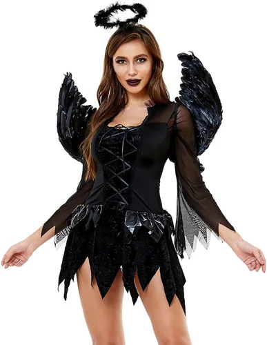 Vista 4 de Oplxuo Disfraces de Halloween para mujer, vestidos góticos sexis, Halloween, cosplay, vestido de ángel oscuro, vestidos de fantasma con diadema, alas