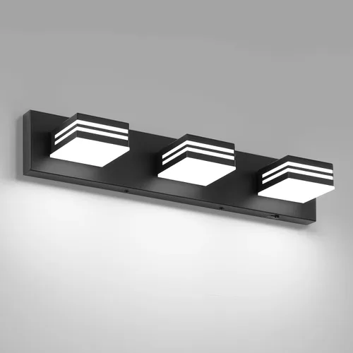 Vista 14 de Moderna lámpara LED para tocador de baño (3 luces, 24 pulgadas) (5CCT, regulable), negro mate moderno para pared de baño