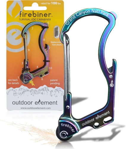Vista 29 de OUTDOOR ELEMENT Firebiner Custom Engraved 6-in-1 Fire Starter Carabiner Multitool – Survival Gear EDC Keychain with Utility Blade, Bottle Opener