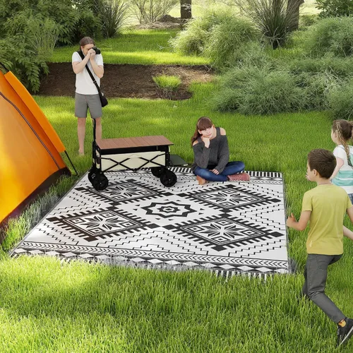 Vista 28 de Outsunny Alfombra de exterior para patio impermeable 9' x 18' rombo negro y Borde rombo negro y gris