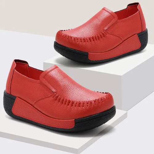 Vista 12 de UZB Mocasines de cuero sin cordones para mujer, cómodos zapatos de plataforma casuales