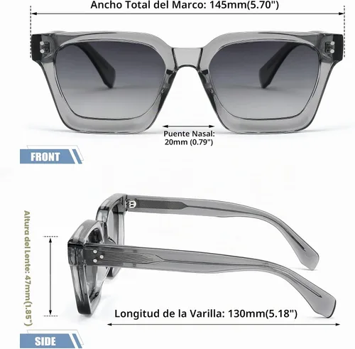 Vista 6 de FEISEDY Gafas de sol polarizadas para hombre y mujer, marco grueso cuadrado, rectangular, UV400, gafas de sol B2396 Marco gris transparente 003