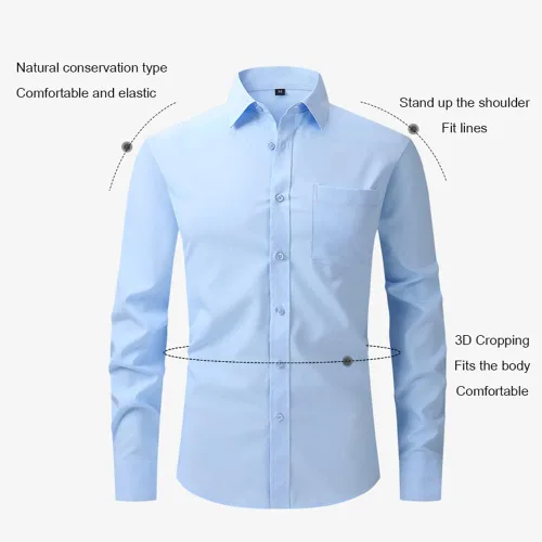 Vista 4 de Camisa de vestir de manga larga para hombre, ajuste regular, casual, con botones, color liso, con bolsillos