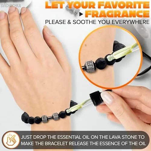 Vista 4 de Lava Beads Gym Bracelets for Men - 8mm Lava Rock Bracelet Natural Stone, Men Stretch Bracelet Bead Bracelet for Women- Alloy Dumbbell Bracelet