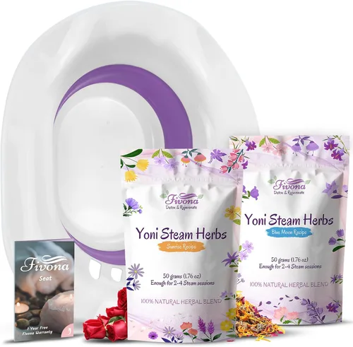 Vista 13 de Kit de vaporización yoni 2 en 1 FIVONA sobre el asiento del inodoro con hierbas de vapor V Receta Luna Azul para desintoxicación, limpieza