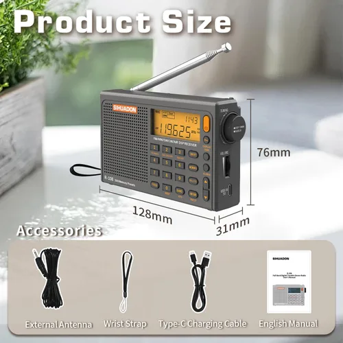 Vista 6 de SIHUADON R-108 Radio portátil AM FM SW LW Airband, pequeña radio de emergencia retro digital funciona con pilas, 5 W, altavoz con alarma