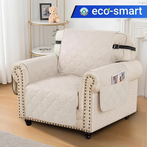 Vista 4 de XINEAGE Funda impermeable para sillón, funda para sofá de 1 plaza con correas elásticas y bolsillos, triple protección antideslizante, lavable