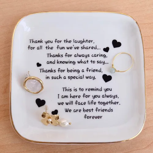 Vista 7 de Plato para anillos o abalorios con citas de amistad para mujer ideal como regalo único de cumpleaños o jubilación para mujeres.