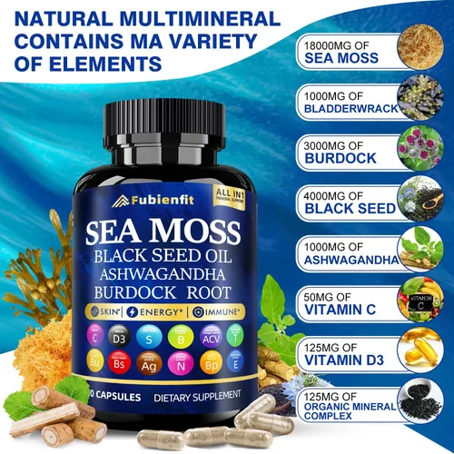 Vista 3 de Cápsulas orgánicas de musgo marino – Contiene aceite de semilla negra, ashwagandha, raíz de bardana, jengibre y vitaminas esenciales, superalimento