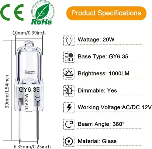 Vista 2 de Bombilla GY6.35 de 20 W, paquete de 12 bombillas regulables GY6.35 Q20/CL/GY6/12V/T3/T4 JC tipo GY6.35/G6.35 base bipin AC/DC 12V blanco cálido