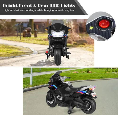 Vista 5 de HONEY JOY Motocicleta para niños de 12 V, vehículo eléctrico a batería para niños, ruedas de entrenamiento, luces LED, pedal de pie, suspensión