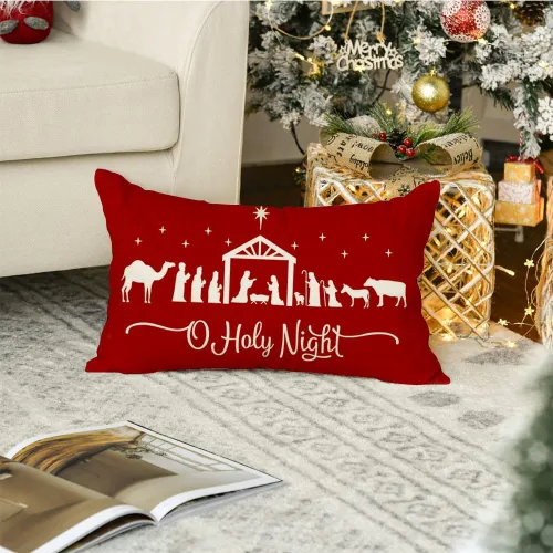 Vista 5 de RABUSOFA Fundas de almohada de Navidad de 12 x 20 pulgadas, almohadas de Navidad, fundas de almohada de noche santa, fundas de cojín rojas