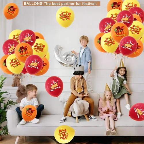 Vista 4 de El juego de decoraciones de fiesta de Acción de Gracias incluye pancarta de agradecimiento, globos de calabaza y pavo de hoja de arce, remolinos