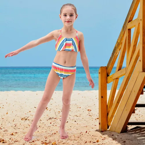 Vista 3 de Trajes de baño de dos piezas para niñas Rainbow Bikini, con correa ajustable, trajes de baño