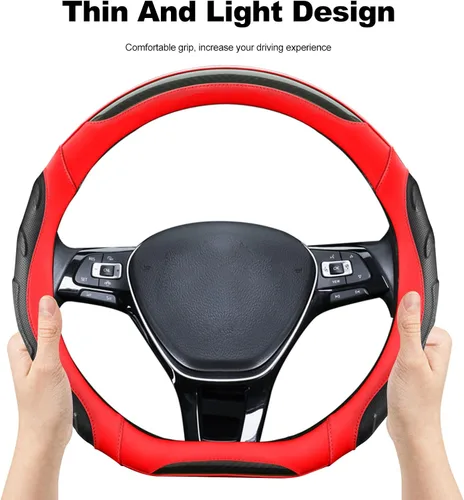 Vista 4 de Ergocar Funda deportiva en forma de D, transpirable, antideslizante, de fibra de carbono y piel de microfibra, protector de volante de automóvil