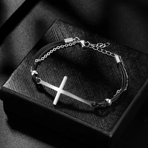 Vista 4 de Hipunk Pulsera de cuero para hombre – Pulsera trenzada de acero inoxidable negro con dije ajustable de protección multicapa para mujer, Cuero, Sin