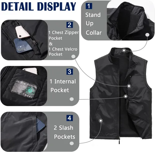 Vista 3 de AKuVoL Chaleco ligero Softshell para hombre, impermeable, chaleco acolchado a prueba de viento para golf y correr