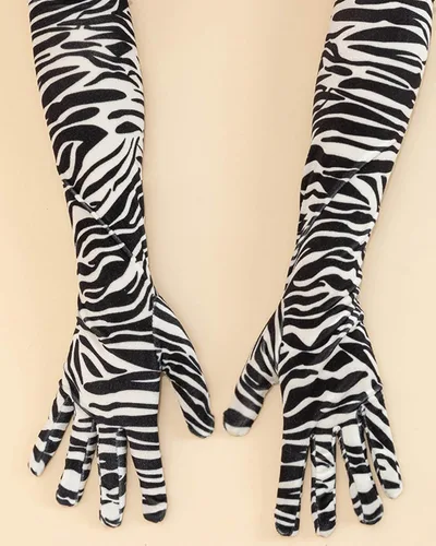 Vista 4 de BXT Guantes largos de terciopelo con estampado de leopardo y cebra para mujer, accesorios de disfraz de Halloween
