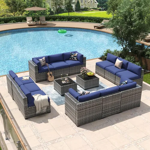 Vista 22 de Aoxun - Juego de 7 piezas de muebles de patio de mimbre de ratán, conjunto de sofá modular para conversación de patio con mesa de café y cojines