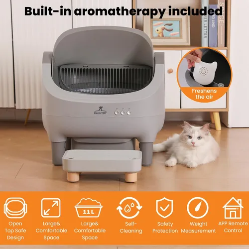 Vista 5 de Caja de arena automática mejorada, autolimpieza, con escalón elevado, parte superior abierta, gran capacidad para múltiples gatos, control de olores