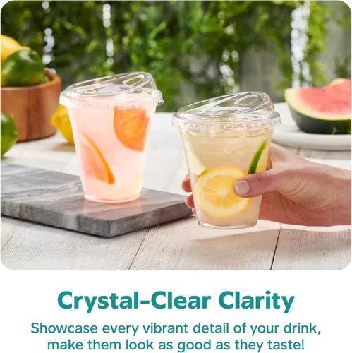 Vista 3 de GUSTO Vasos de plástico transparente con tapas [12 oz - 50 unidades] - Vasos desechables para bebidas de café helado con tapas para sorber sin