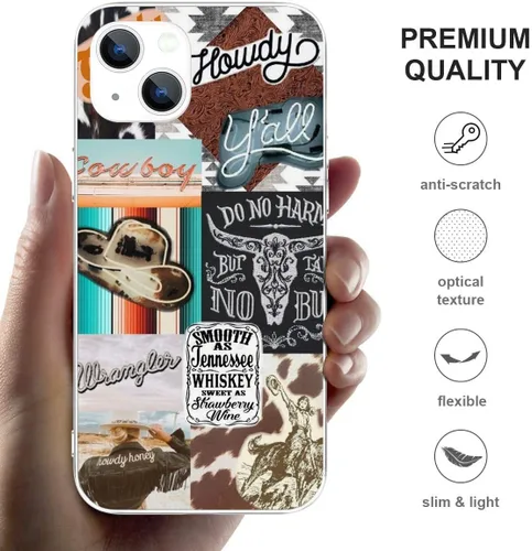 Vista 2 de Compatible con iPhone 15, diseño de vaquero occidental, collage de vaquera, rancho rancho, retro, vintage, funda transparente de TPU suave a prueba