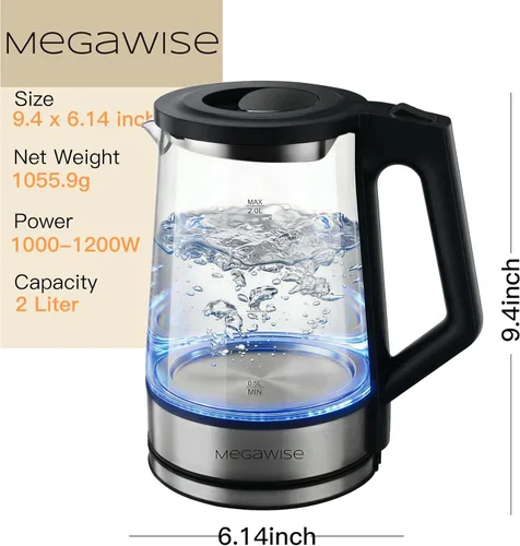 Vista 6 de MEGAWISE 2L Hervidor eléctrico de cristal, caldera de agua de 1000W con luz Negro