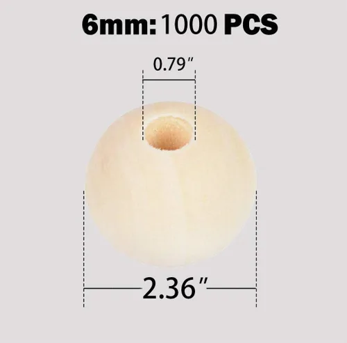 Vista 2 de 1000 piezas de cuentas de madera de 6 mm, cuentas de madera natural sin terminar, cuentas de madera redondas sueltas para manualidades, cuentas