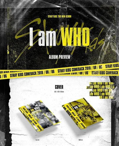 Vista 2 de Stray Kids - I am WHO [RANDOM ver.] (2º Mini Álbum) CD+Photobook+3 tarjetas de fotos QR+póster+póster plegable del grupo oficial+tarjeta