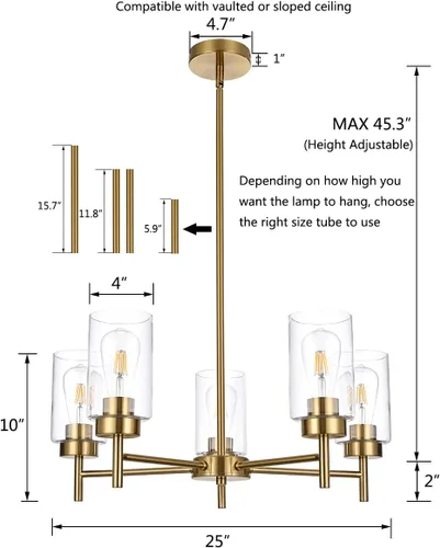 Vista 2 de Candelabro de granja de 5 luces para comedor, isla de cocina, modernos candelabros colgantes de latón cepillado con pantallas de vidrio transparente