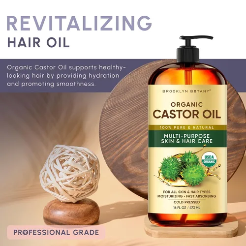 Vista 5 de Brooklyn Botany Aceite de ricino orgánico prensado en frío para cabello, piel y cara 16 onzas líquidas 100% puro y natural Aceite portador