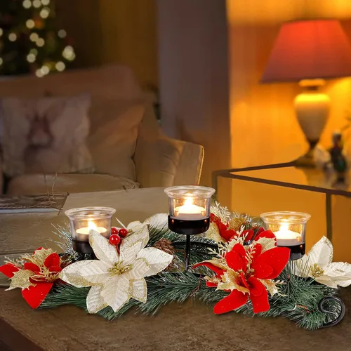 Vista 6 de FORUP Centro de Mesa de Navidad, Portavelas de Navidad, Centro de Mesa de Navidad con Poinsettia y 3 Velas Sin Llama, Candelabro Romántico