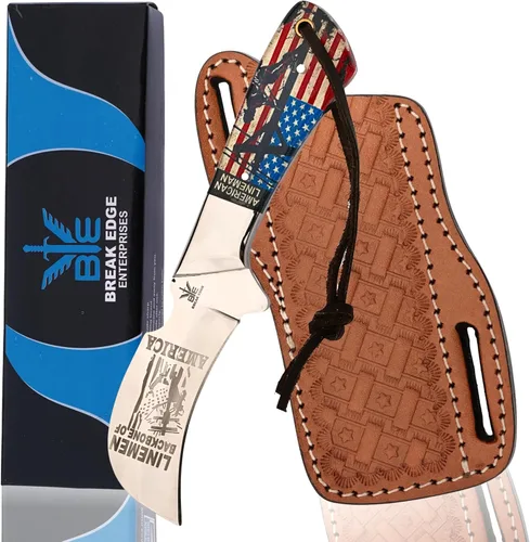 Vista 17 de Cuchillo de Hawkbill de Lineman hecho a mano de acero 1095 con funda de cuero, cuchillo de utilidad resistente para electricistas y pelado de cables