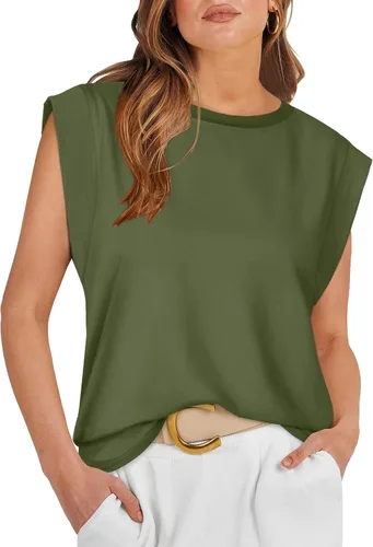 Vista 23 de WIHOLL Camisetas de mangas casquillo para mujer, camisetas básicas de verano, camisetas informales sin mangas, ajuste holgado, a la moda D - Raya